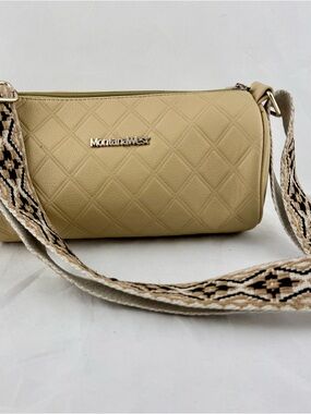Montana West Tan Quilted Barrel Crossbody Bag Purse with Adjustable Guitar Strap